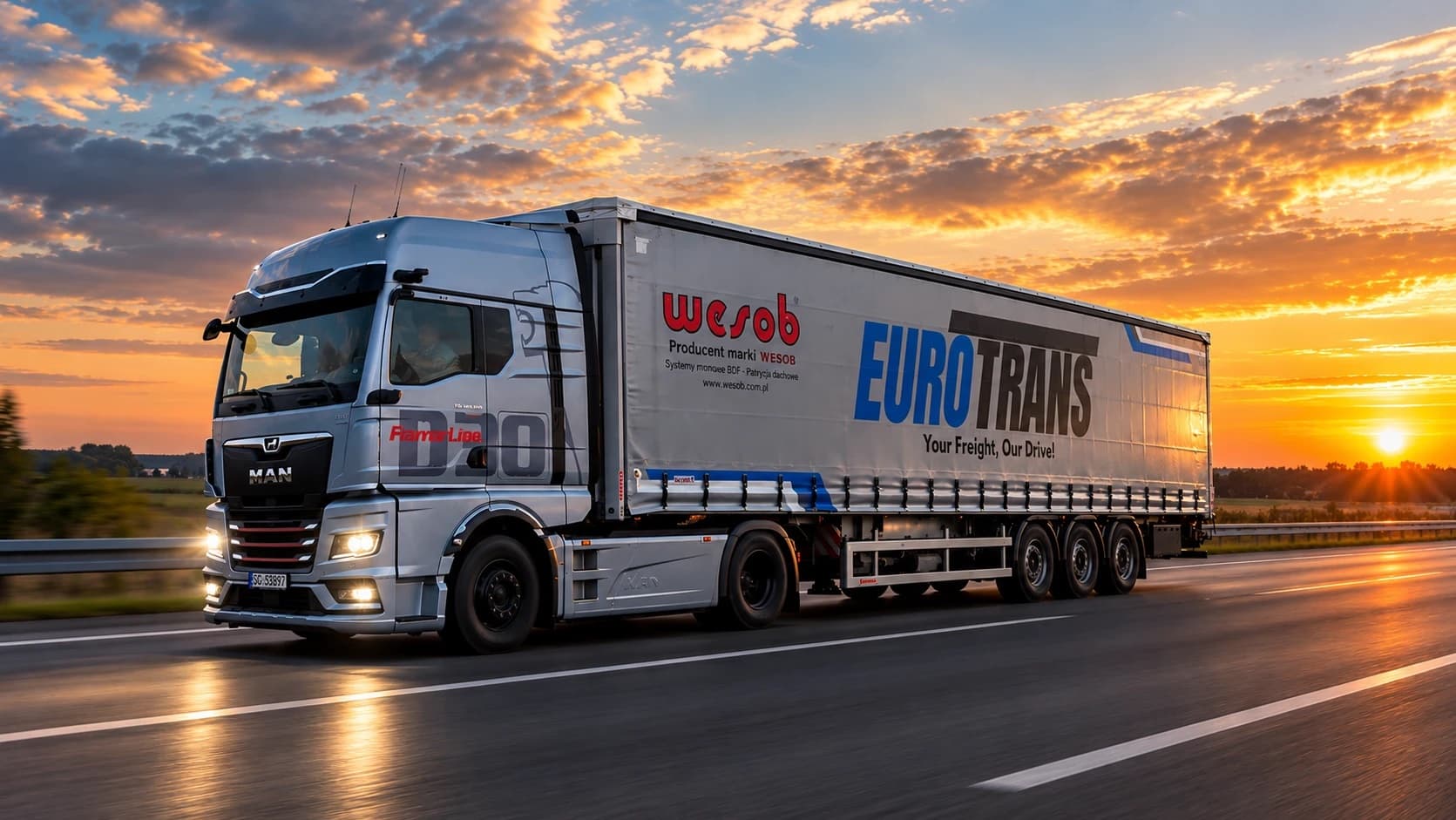 EuroTrans truck — MAN tractor with a curtainsider trailer on the motorway at sunset